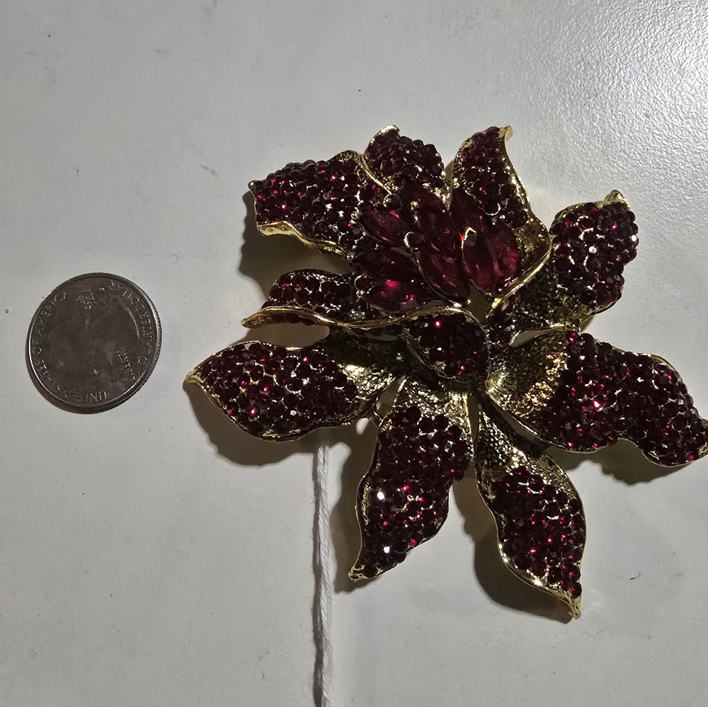 Extravagantly Large Ruby Red Rhinestone Floral Br… - image 4